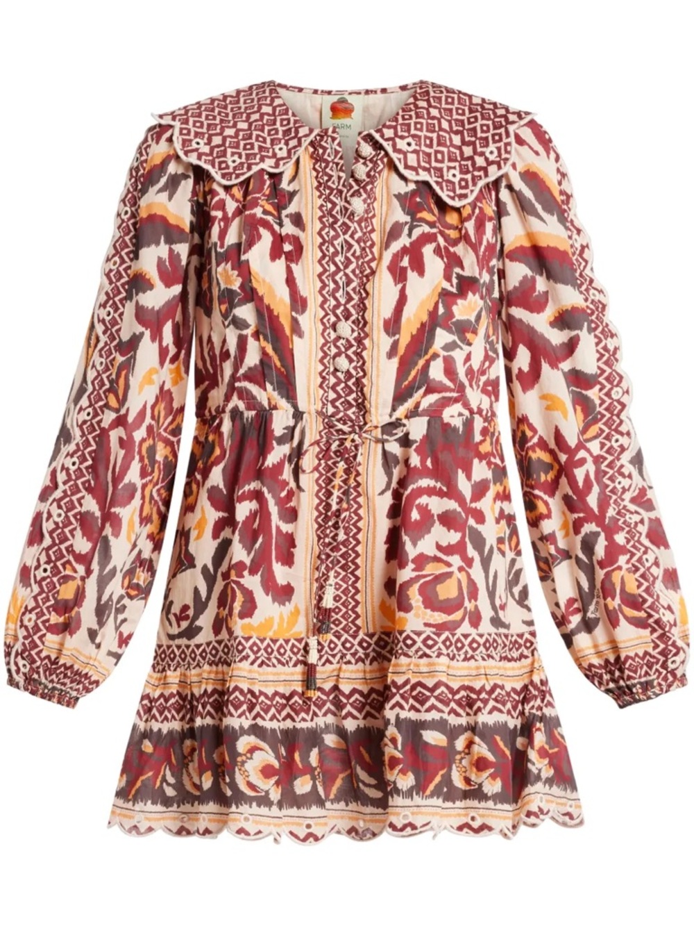 Farm Rio Boho Printed Long-Sleeve Mini Dress in Burgundy and Mustard - Picture 6 of 6